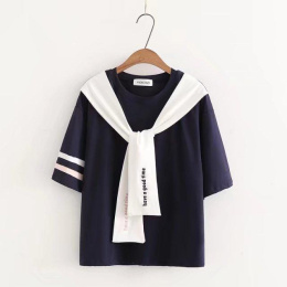 Japanese Sailor Bow Neck T-Shirt Kawaii Short Sleeve Top - Cosercos