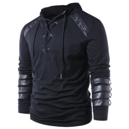 Cosercos Men Gothic Steampunk Hoodie With Leather Straps Long Sleeve - Cosercos
