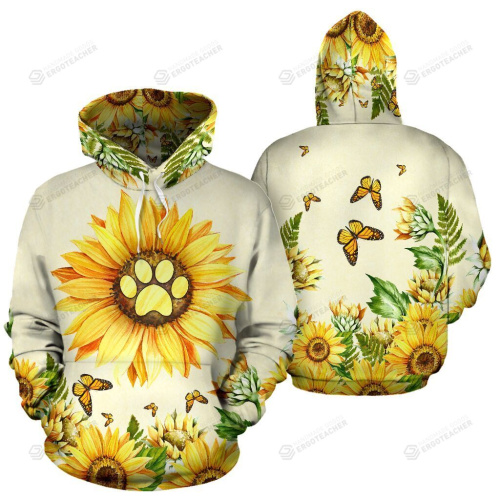 Dog Paw Sunflower Butterfly Wattercolor 3d All Over Print Hoodie, Zip-up Hoodie