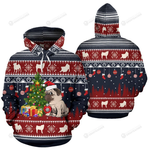 Pug Christmas Pattern 3D All Over Print Hoodie, Zip-up Hoodie